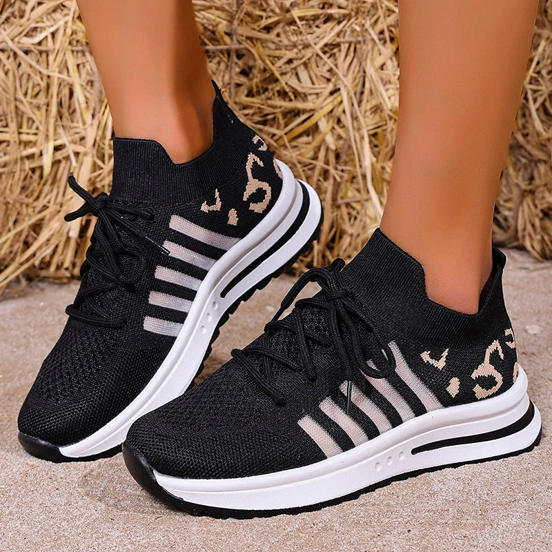 2026 Hollow Out Breathable Sneakers Women Plus Size Printed Thick Sole Walking Shoes Woman Comfortable Knitted Flats Female