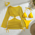 DEKA Women Solid Bikini Set Halter Bra Lace-up Swimsuit Set With Mesh Yarn Cover Up Dress KnittedLong Sleeve Boho Swimwear