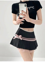Striped Contrasting Color Bow Lace Splicing Pleated Skirt Women 2026 Summer American Style Low WaistA-line Short Skirt UBFK