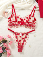 Valentine's Day exclusive red heart embroidery lingerie set-Sexy see-through mesh gathered bra thong set for two pieces ZA825203