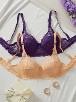2Pcs Women's Sexy Bras Floral Lace Thin Push-Up Brassiere No Lining Cutout Breathable Underwear