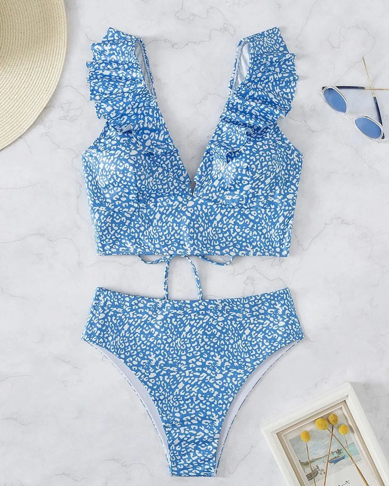 Solid Color Sexy V-neck Ruffle Bikini 2026 Women 2 Piece Swimwear Push Up Padded High Waist Swimsuit Summer Beach Bathing Suit