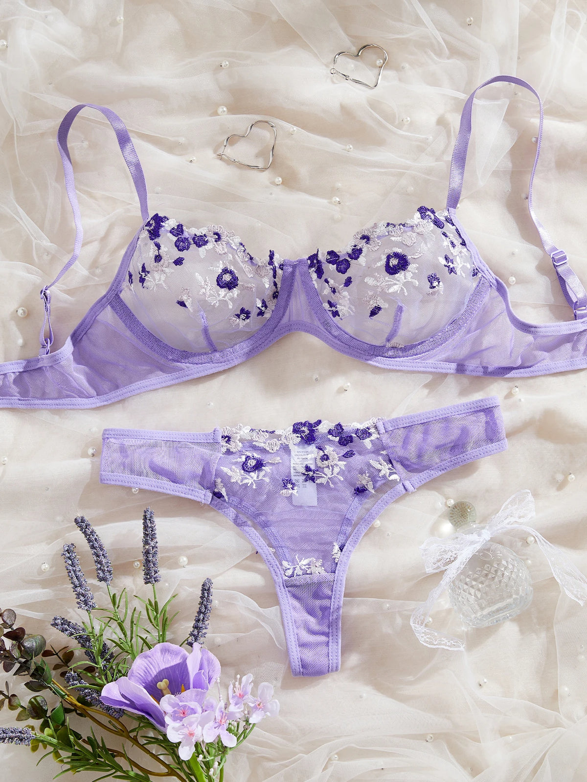 Fairy Bra Set Women Bralette 2-Piece Underwear Sets Floral Embroidery Steel Ring Bra And Panty Set
