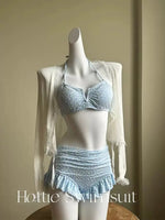 Girls' pure lust style summer bikini three-piece knitted sweater holiday split swimsuit for women