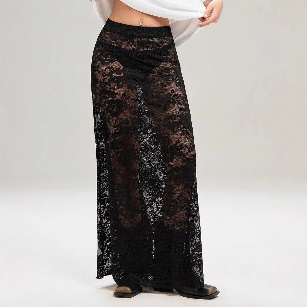 Sexy High Waist Black Lace Skirts for Women 2026 Summer See-through Long Maxi Skirt Female Hollow Out Slim Holiday Party Dress