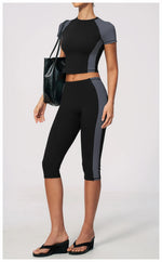Color Blocking 2PCS Yoga Set Women's Tracksuit Short Sleeve O Neck Sports T Shirts High Waist Cropped Pants Tight Fitness Suits