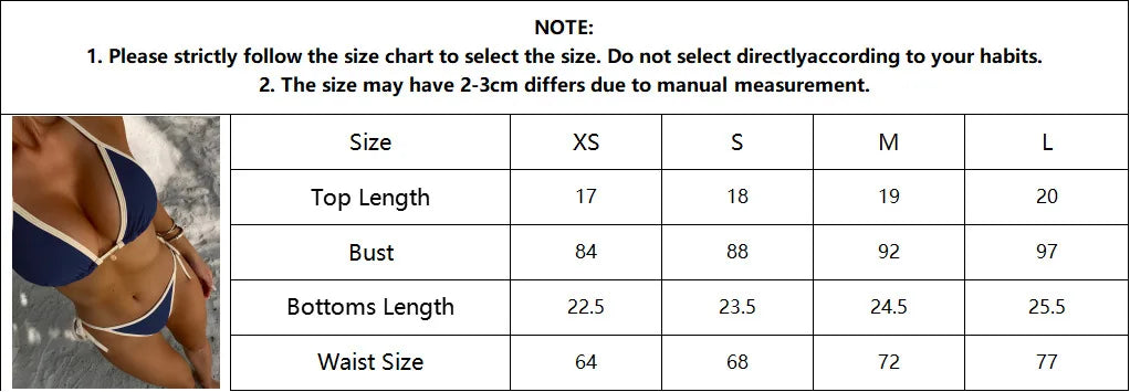 2026 Trendy String Bikini Set Triangle Top Side Tie Bottoms with Metallic PendantSolid Color Contrast Trim Women Swimwear