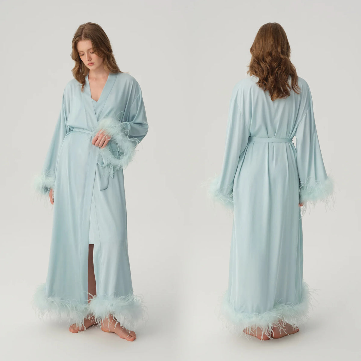 Satin Feather Trim Bridal Morning Gown for Women Long Sleeve Belted Maxi Robe Elegant Soft Home Bathrobe Sleepwear Loungewear