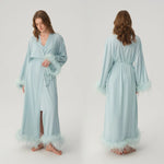 Satin Feather Trim Bridal Morning Gown for Women Long Sleeve Belted Maxi Robe Elegant Soft Home Bathrobe Sleepwear Loungewear