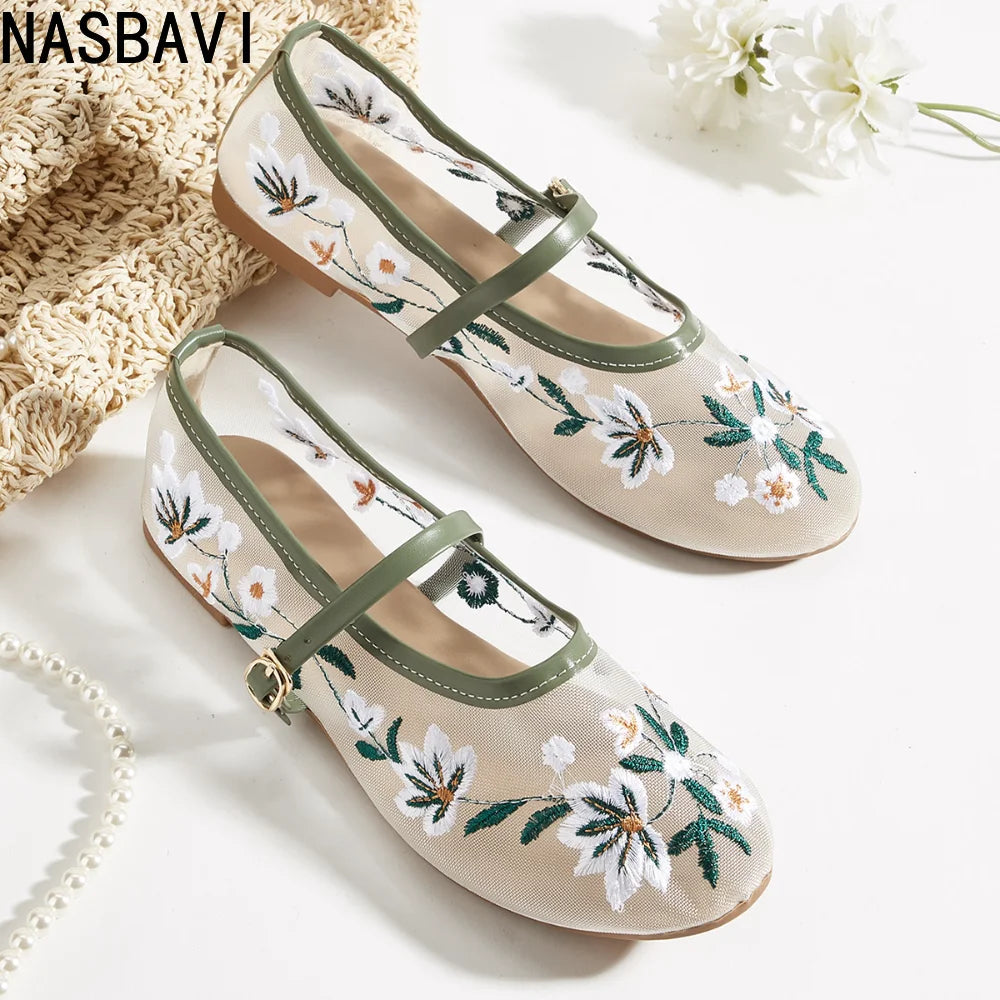 New Summer Women's Lace Flats Shoes Fashion Round Toe Shallow Girls Flower Embroidered Mesh Breathable Soft Sole Single Shoes