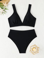 2026 High Waist Bikinis Women V-neck Swimwear Female Sexy Strappy Swimsuit Solid Bathers Bathing Swimming Swim Suit Beachwear