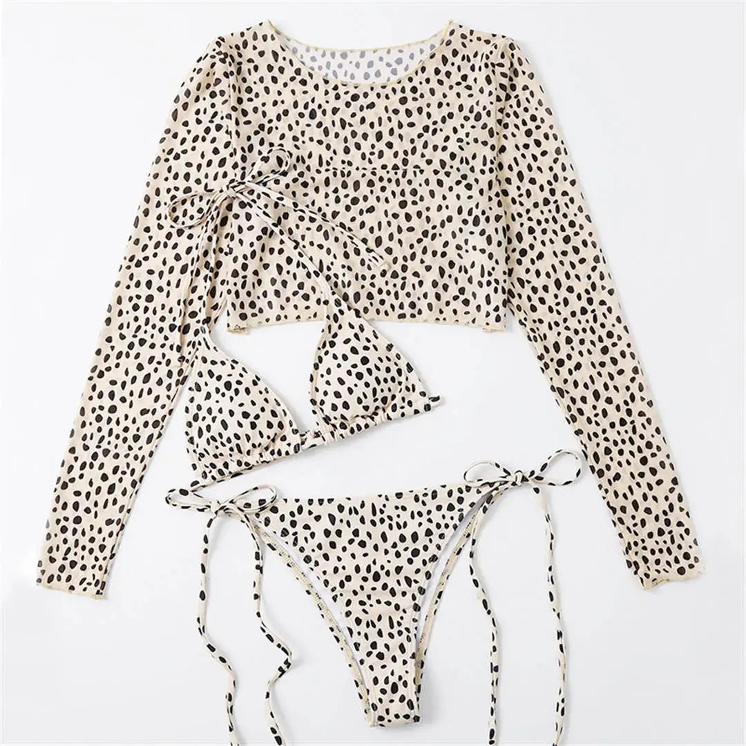 S- XXL Leopard Printed Long Sleeve Bikini Women Swimwear Female Swimsuit Three-piece Bikini set Bather Bathing Suit Swim V3193SW