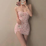Women's Nightdress Cute Fitted Mini Nightgown Lace Trim Detail Spaghetti Straps Pink Cherry Print Dress Summer Sleepwear