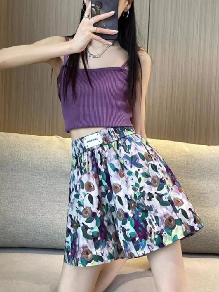 Summer Oil Painting Floral Shorts for Women Casual Wide Leg Shorts Large Siz Loose Floral Print Shorts Elastic Band Casual Pants