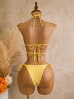 DEKA Sexy Yellow Triangle Bikini Set Women Halter Mesh Stone Swimwear Bandage Cross Crop Top Two Piece Swimsuit Beach Bathing Su