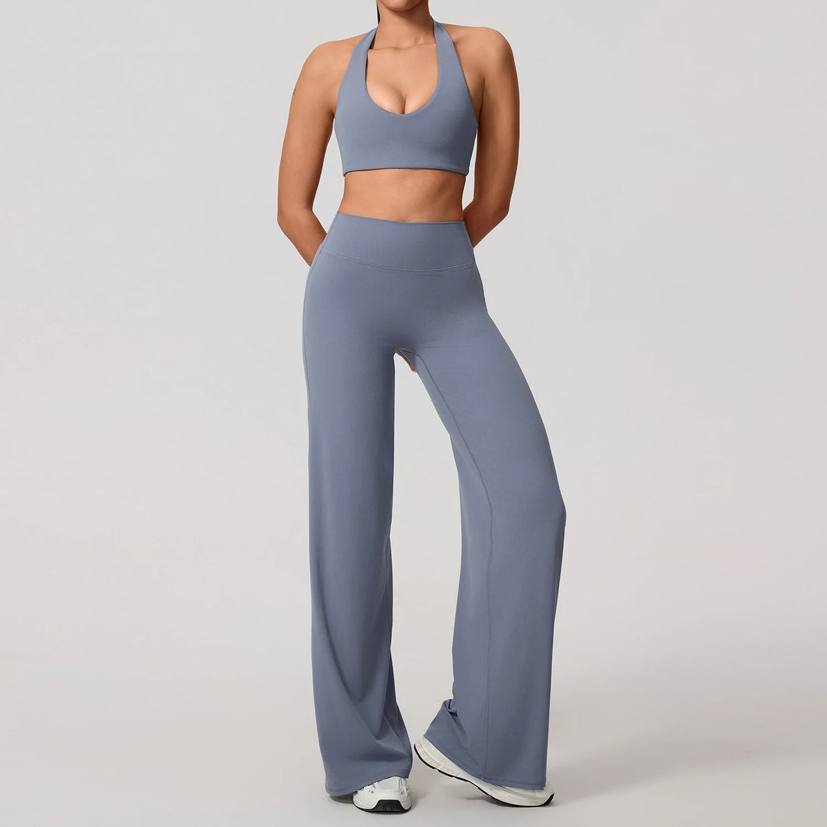 Hearuisavy Summer Yoga Set 2Pcs Women Breathable Backless Halter-Neck Sports Bra Push Up Pilates Fitness Top Straight Leg Pants