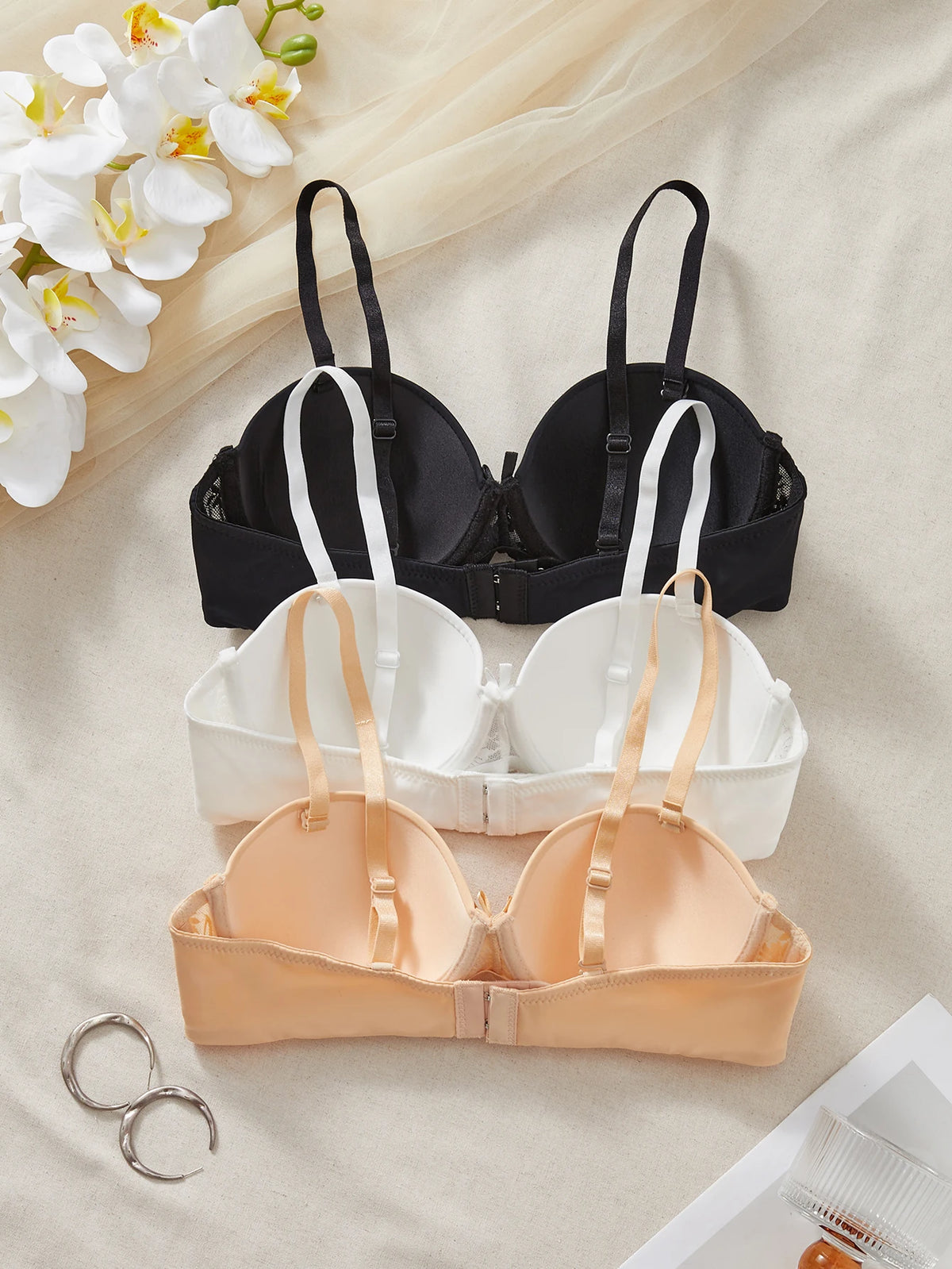 3PCS Removable Straps Women Bras Floral Lace Spliced Push Up Bra Thin Demi Cup Solid Invisible Underwear
