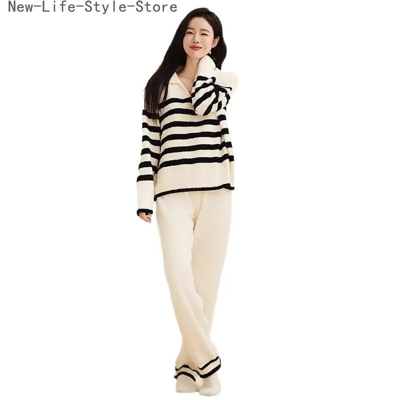 Women Winter Half Fleece Pajama Set Thick Warm Long Sleeve Long Pants Cozy Soft Casual Homewear Loungewear Sleepwear Suit