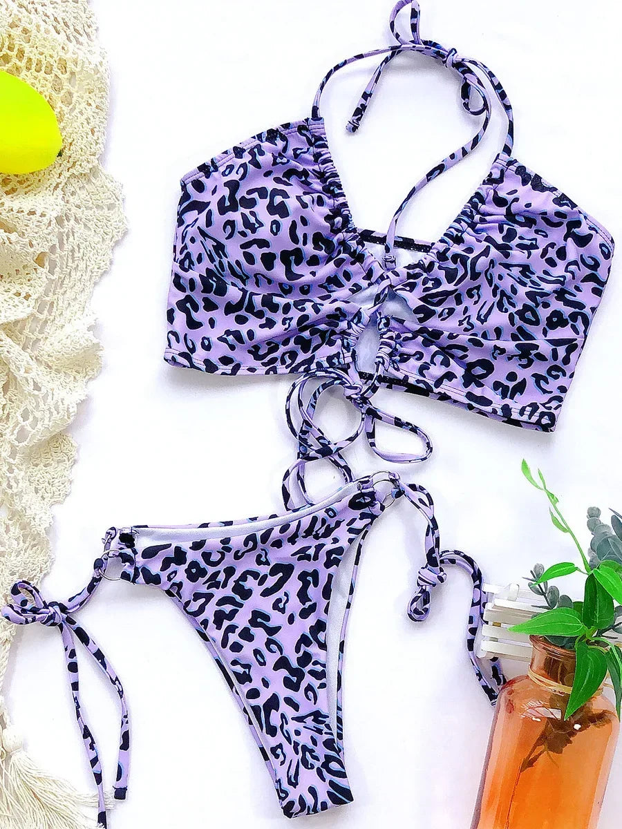 Sexy High Cut Leopard Bikini Women Thong Swimwear Female Swimsuit Two-pieces Bikini set Lace Up Bather Bathing Suit Swim Lady