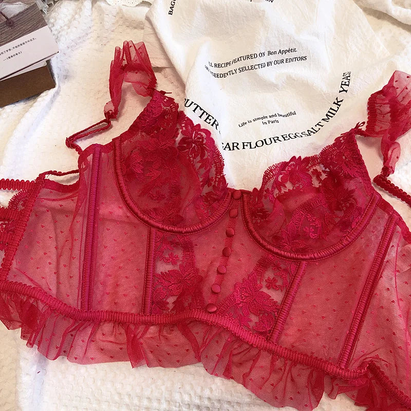 French Sexy Lingerie Set Women Ultra Thin See Through Embroidery Lace Bra & Thong Push Up Underwear Shaping Camisole Set MOYISU