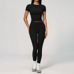 Creamy 2 Pieces Workout Suit Women Yoga Outfits Short Sleeve O Neck Slim Sports T Shirts High Waist Flare Pants Gym Fitness Sets