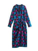 Foridol Side Split Women Fashion Geometric Print Blue New In Shirt Wrap Dress Women Long Sleeve Bowknot Maxi Long Vestido Robe