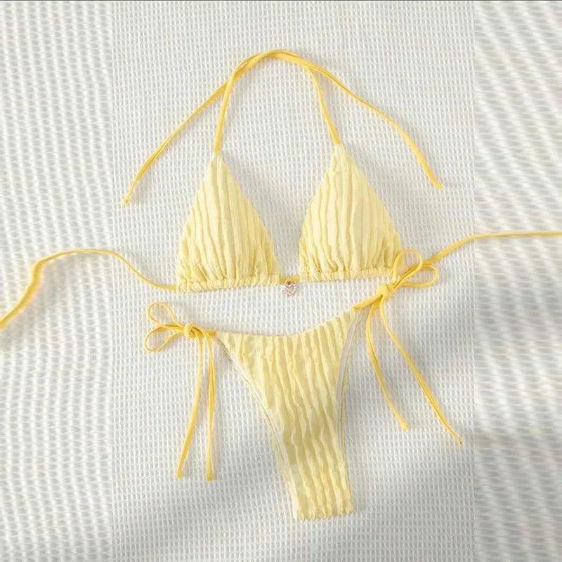 Sexy White Bikini 2025 Women Halter Lace Push Up Metal Designer Micro Swimsuit Brazilian Bathing Suit Tie Side Thong Swimwear