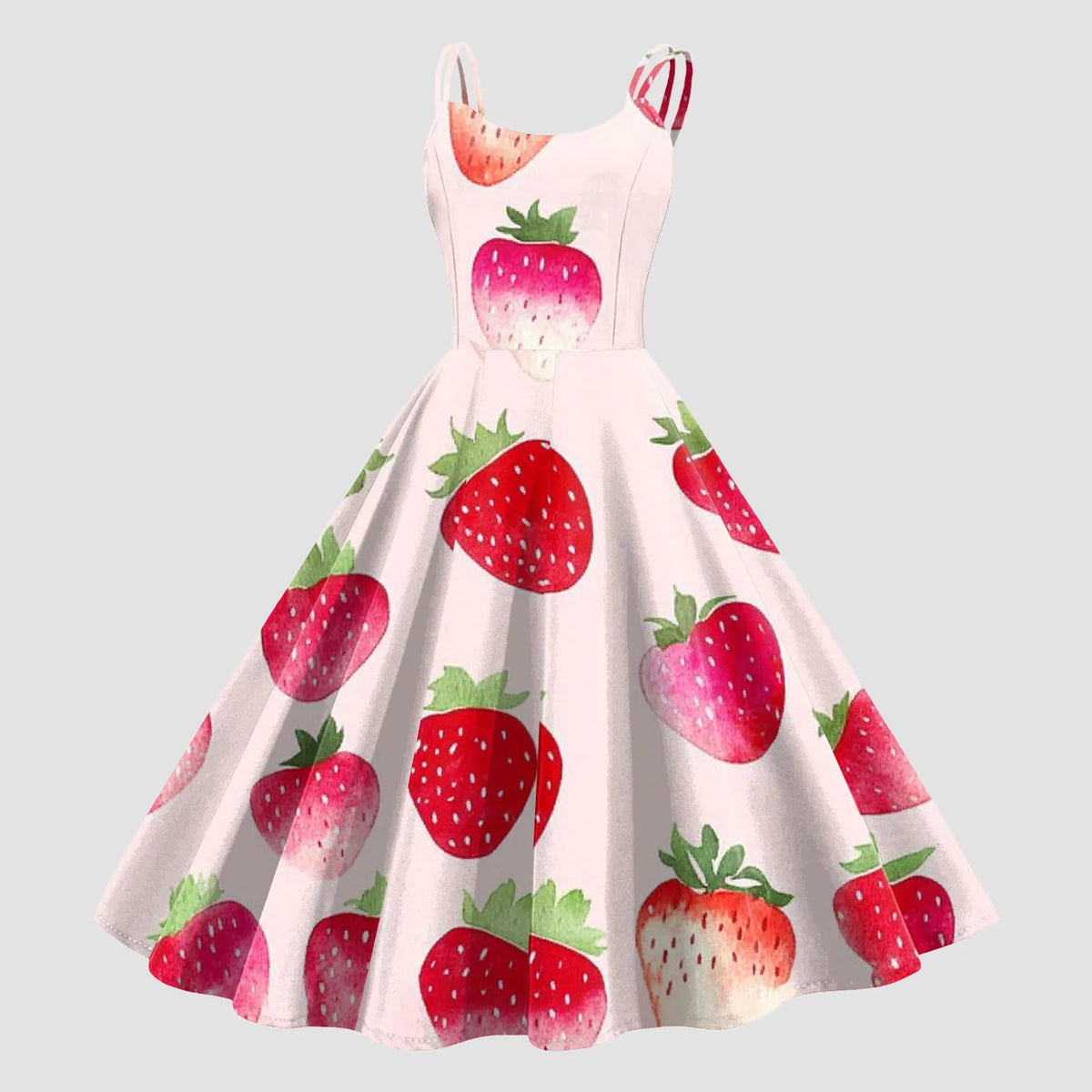 Vintage Fruit Print Dress For Women Elegant High Waist A Line Swing Dress Rockabilly 60s 50s Retro Spaghetti Strap Maxi Robe