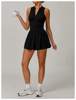 Women Front Zipper Tennis Dress Fake Two-piece Pieces Stand Up Collar Slim Fit Soft Sports Sets Fitness Pocket Skorts Yoga Suits