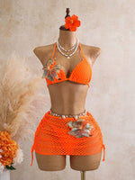 DEKA Brazilian Mesh Flower Bikini Set Women Halter Push Up Triangle Embroidered Print Swimsuit Bathing Suit Swimwear Swimming