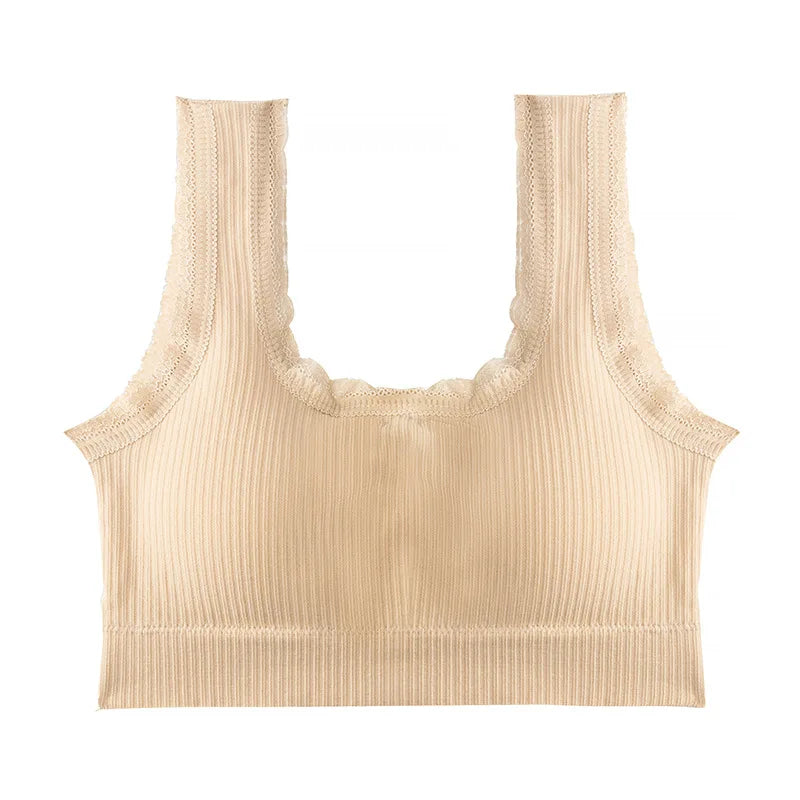 Women Wire Free Bra Removable Pad Bandeau Fixed Wide Lace Trim Strap Rib Tube Top Everyday Layering Intimates