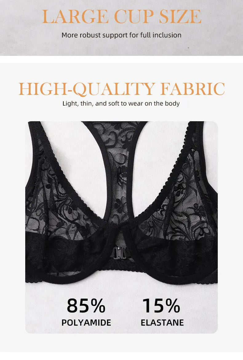 Womens Front Button Lace Bra Underwire Underwear Elegant Embroidery Beautiful bBack Plus Size Lingeire A B C D E F Cup