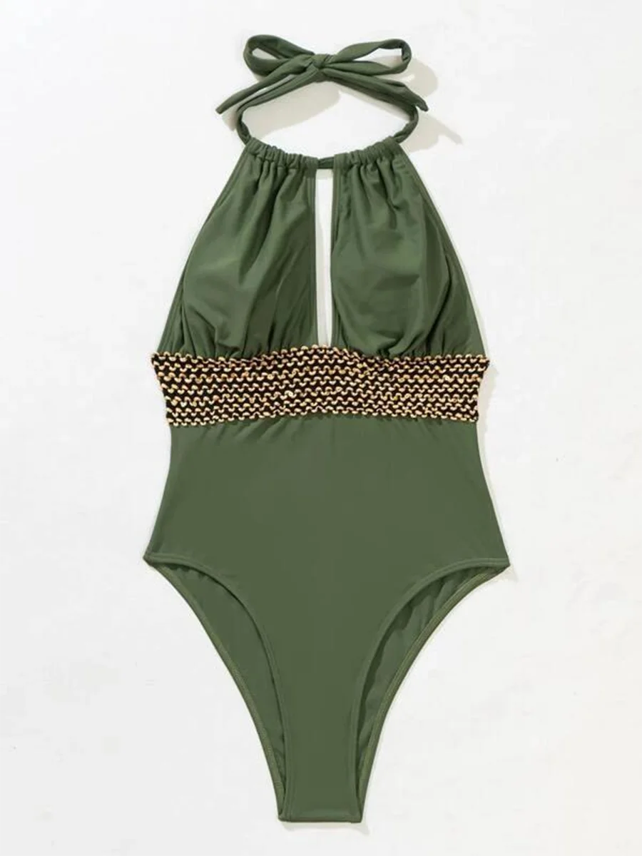 2026 Halter Swimsuit Metal Chain Solid Swimwear Women Bathing Suit Female Padded Monokini Swimming Summer Beachwear Bodysuit