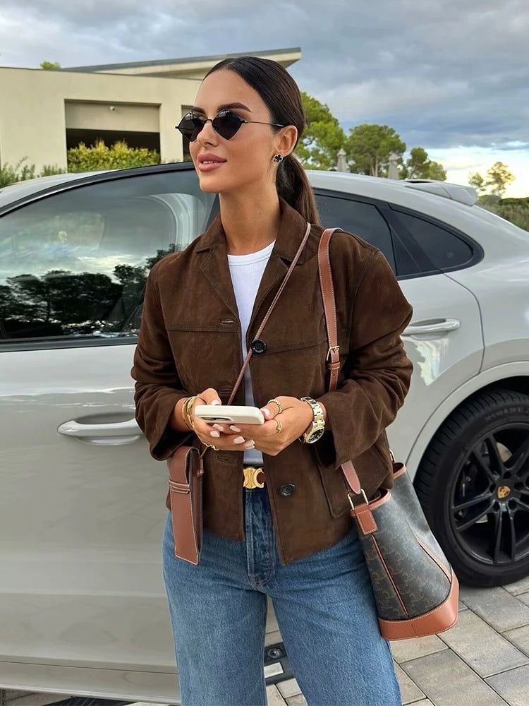 Foridol Buttons Brown Suede Jacket Autumn for Women Pockets Casual Turn Down Collar Short Jacket Femme Veste Chic New Coat
