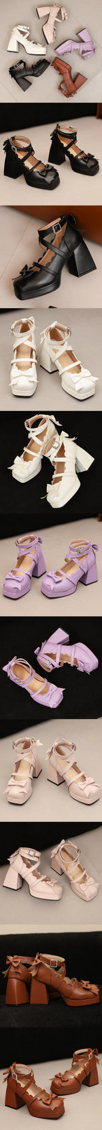 Big Size 48 Sweet Purple Mary Janes Pumps Lovely Pink Lolita 9cm Block High Heels Shoes Women Cute White Bow Knot Platform Shoes