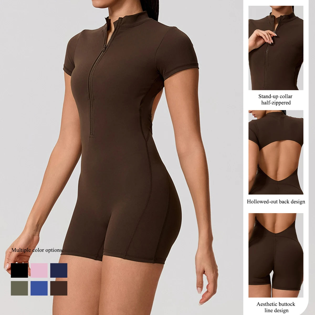Hearuisavy Summer Women's Short Sleeved Sports Overalls Running Yoga Jumpsuit High Stretch Push Up Fitness Bodysuit With Zipper