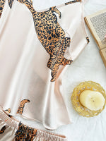 Summer 2-pieces Pink Leopard Printed Pajamas Set for Women Sexy Ice Silk Stain Sleepwear Casual Crop Tops and Shorts Lounge