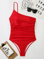 2026 Sexy One Shoulder One Piece Swimsuit 2022 Women Solid Black Neon Green Push Up Padded Bathing Suit Pleate Swimwear Monokini
