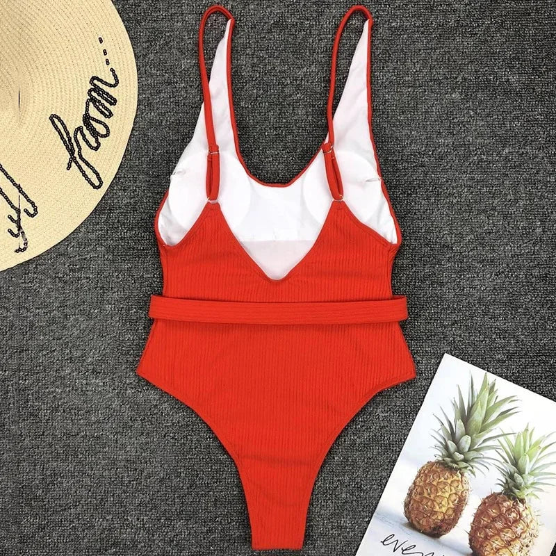 V Neck Ribbed High Leg Cut Women Swimwear One Piece Swimsuit Female Backless Monokini Bather Waist Belt Bathing Suit Swimwear