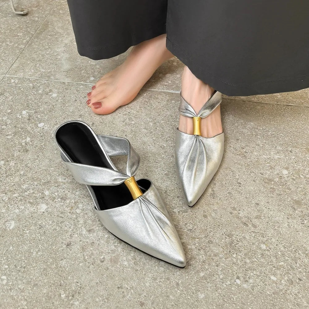 2026 Summer New Brand Women Slipper Fashion Pointed Toe Slip On Slides Low Heel Ladies Elegant Mules Sandals Top qualityGold