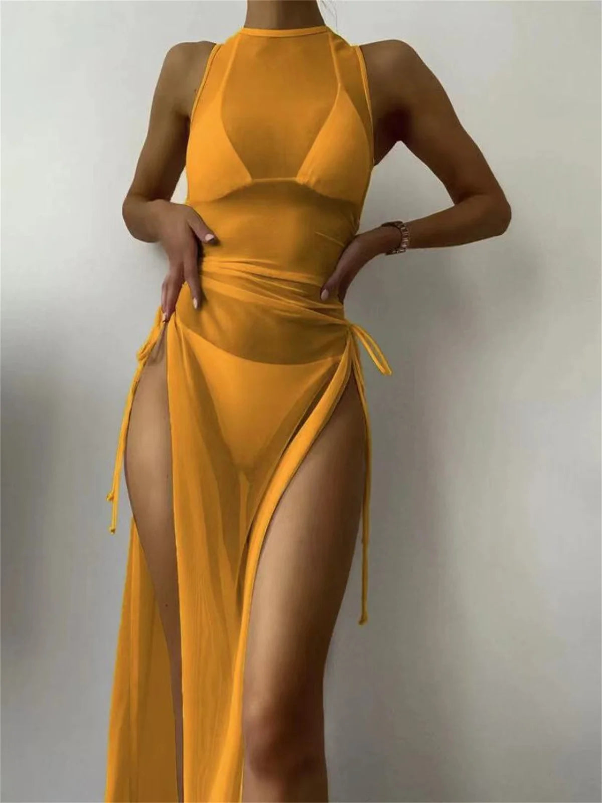 Sexy Sleeveless Mesh Bikini Cover Up Green White Dress 3 Piece Swimsuit Beach See Through Beach Bathing Suit Thong Swimwear 2024