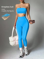 Women Strapless Bandeau Sports Bra Seamless High Waist Yoga Leggings Set Padded Workout Fitness Gym 2 Piece Outfits