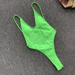 2026 Fluorescent Green One Piece Swimsuit for Women,solid Color,thong Backless Bikini,U-neck Suspender Swimwear,Adjustable Strap