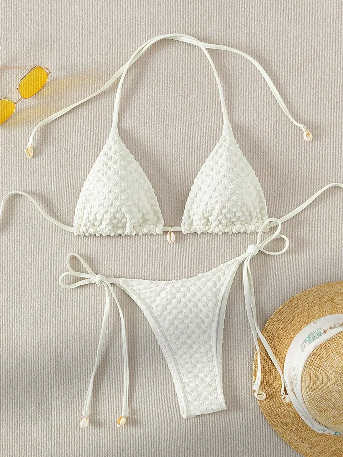 Sexy Bikini Set Shell Designer Swimsuit 2025 White Black Push Up Micro Bikinis Summer Bathing Suit Tie Side Triangle Swimwear