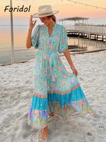 Foridol Single Breasted Bohemian Holiday Summer Women Dress Belt Casual Loose Maxi Floral Dress Short Sleeve Long Viscose Dress