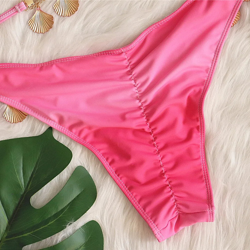 DEKA Shell Bikinis Sexy Swimsuit with Rhinestones Criss Cross Bikini Set Women Pink Push Up Bathing Suit Diamond Thong Swimwear
