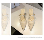 BIGTREE Crystal Mesh Fabric Pointed Toe Slippers Women Sexy Elegant Buckle Strap Party Prom Thin Low Heels Mule Shoes