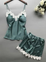 New European and American multi-color multi-size deep V waist lace suspender and lace shorts loungewear two-piece set