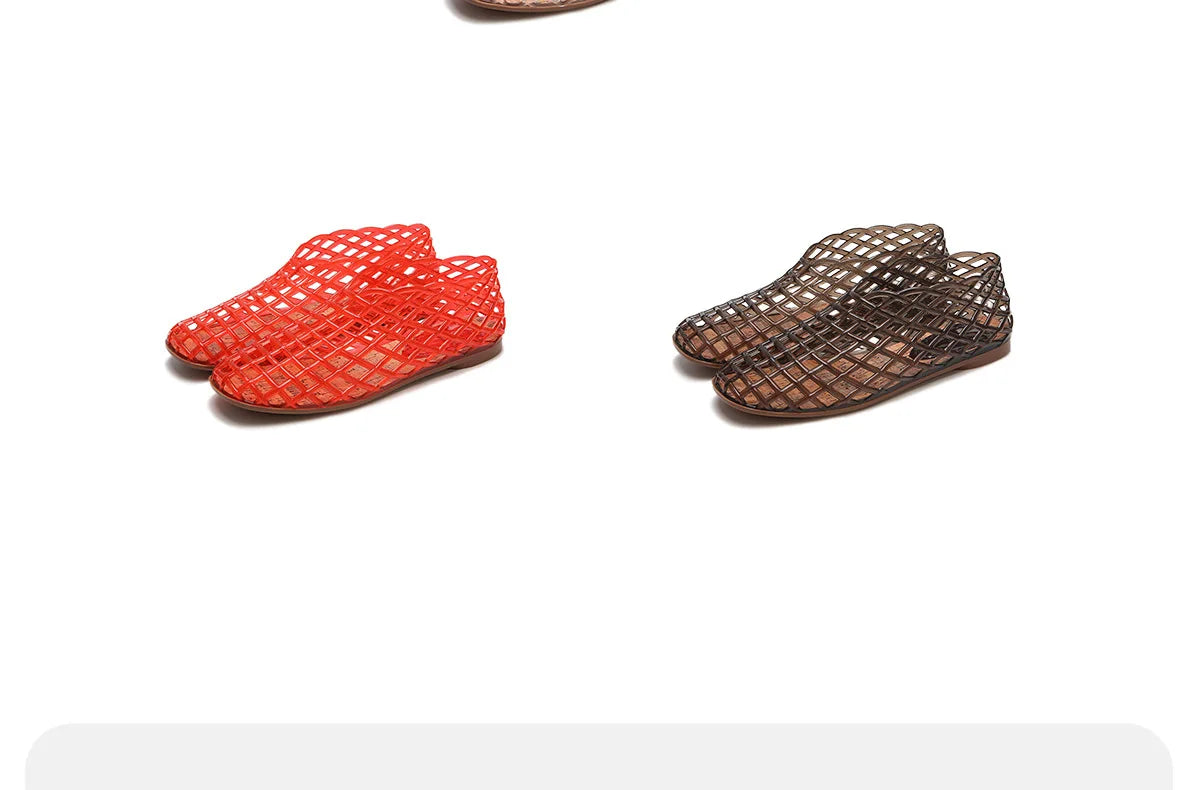 Women's New Flat Sandals with Hollow Transparent Color Mesh Jelly Shoes Woman Daily Walking Flats Plus Size 41 Soft PVC Footwear