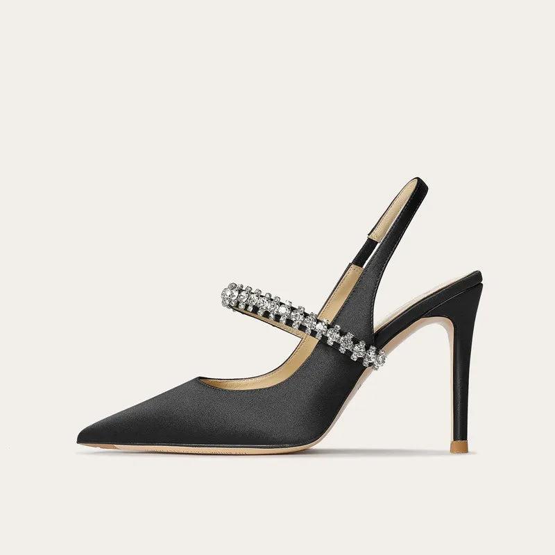 Size 34 45 Women's Diamond Bao Head Sandals 2025 New Thin Heel Pointed Sheepskin Leather High Heels Women's Wedding Shoes